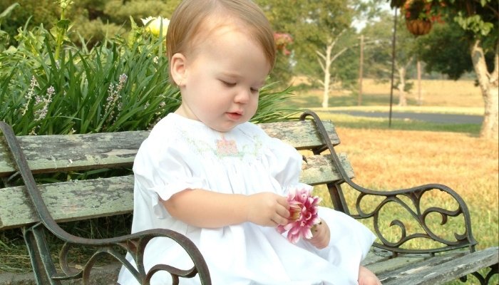A baby sitting on a park bench pulling petals off of a flower.