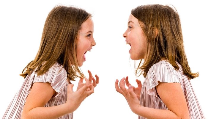 Identical twin girls in dresses facing one another while pretending to scream in frustration.