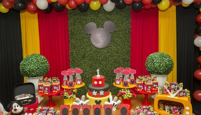 A Mickey-themed birthday table.