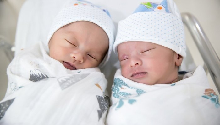 Brand-new twin babies swaddled and sleeping in hospital bassinet.