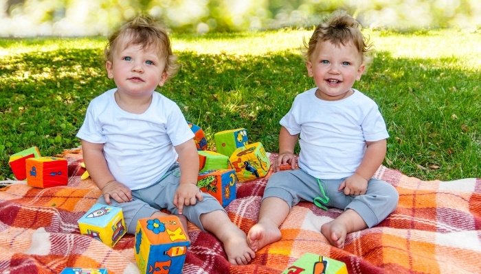 Young twin boys sitting outdoors on a blanket with toys.