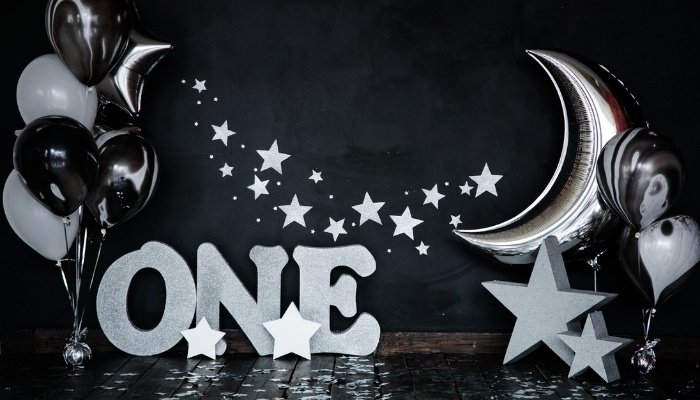 Moon and stars decorations for a child's 1st birthday.