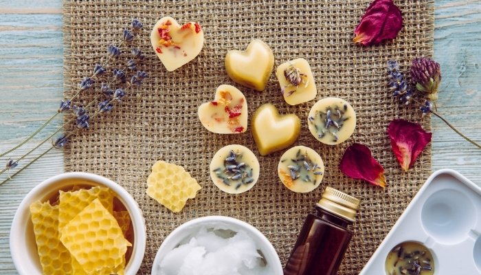 Homemade wax melts and the ingredients used to make them.