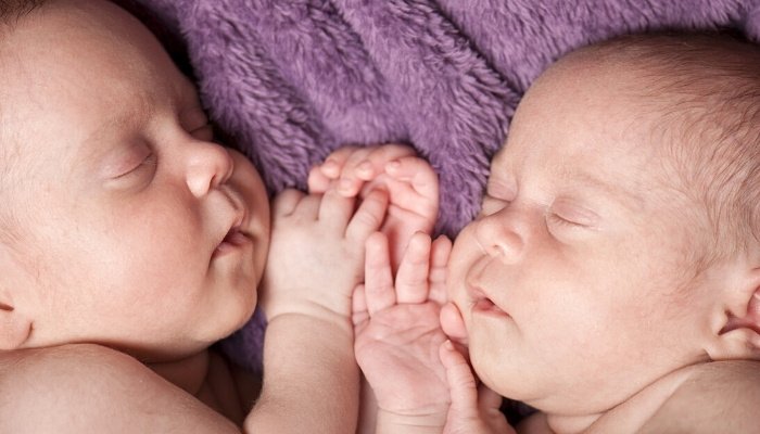 A pair of newborn twins sleeping on a purple blanket in a wicker basket.