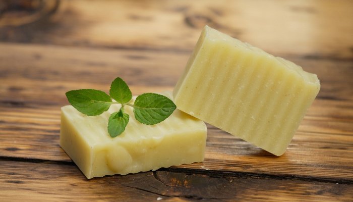 Two bars of homemade soap with a sprig of mint on top.