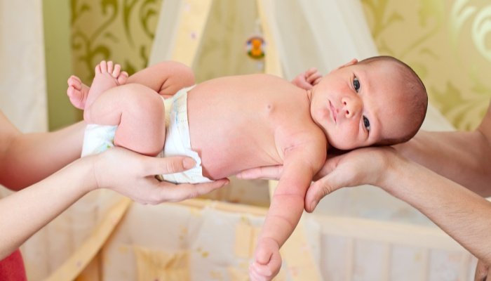 Parents holding their newborn midair in front of a canopy bassinet.