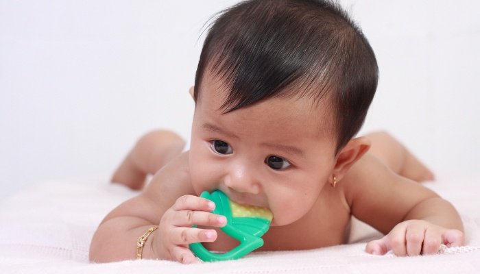 A baby girl lying on her tummy while chewing on a rubber teething toy.