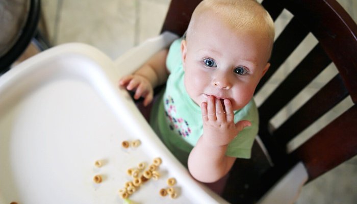 A cute baby looking up at the camera while snacking on Cheerios in his high chair.