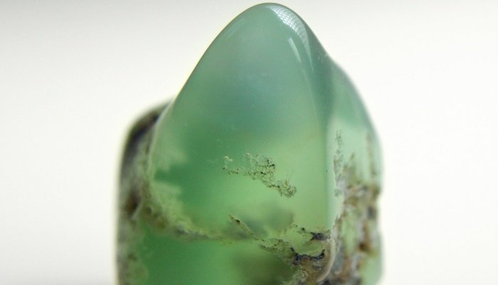 A chrysoprase gemstone on a white background.