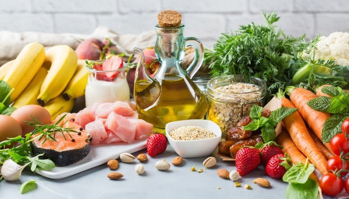 A display of foods associated with a Mediterranean diet.