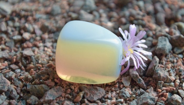 A moonstone crystal beside a small white flower.