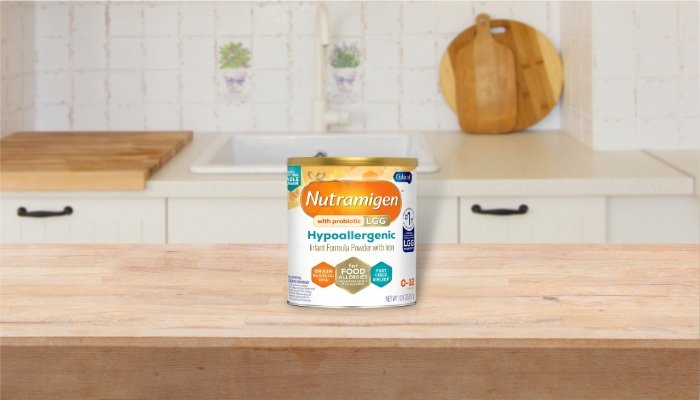 A can of Nutramigen on a kitchen counter.