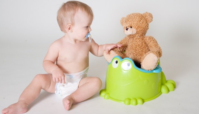 A toddler sitting beside a potty seat with his teddy placed on the potty.